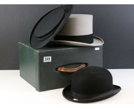 Moss Bros grey top hat with black band together with a Ellwood &amp; Sons collapsible black theatre top hat (boxed) and a Der