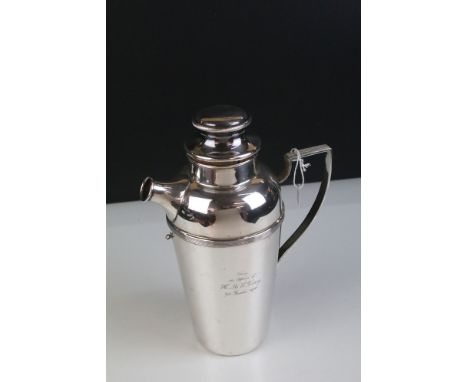 Silver plated cocktail shaker inscribed 'From The Officers of H.M.S Victory 9th December 1950', 27cm high