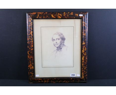 Tortoiseshell effect picture frame, with ebonised inlay, containing a portrait print depicting a gentleman, 52.5 x 44cm overa