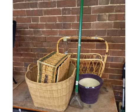 BAMBOO MAGAZINE RACK, CANE LOG BASKET, WICKER PICNIC HAMPER, PLANTER, HOE &amp; LARGE EMPTY WHISKY BOTTLE