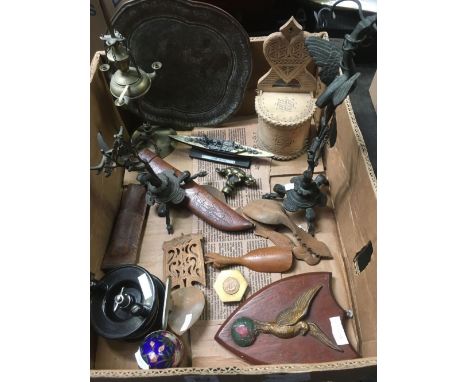 CARTON OF MISC TREEN, FISHING REEL, EGG, LOVE SPOON, BRASS TRAY ETC