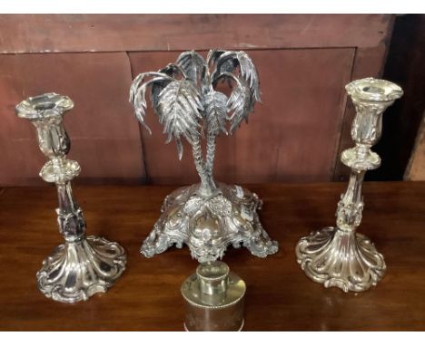 PLATED TABLE CENTRE WITH PAIR OF PLATED CANDLESTICKS &amp; SMALL PLATED TEA CADDY