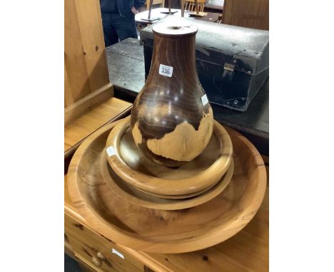 3 TREEN BOWLS &amp; A TREEN TABLE LAMP BASE