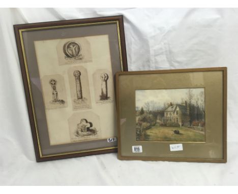 PEN &amp; INK DRAWING OF MEMORIAL STONE CHURCHYARD CROSSES &amp; A WATERCOLOUR OF A HOUSE &amp; GARDEN BY B.T SCRIVEN