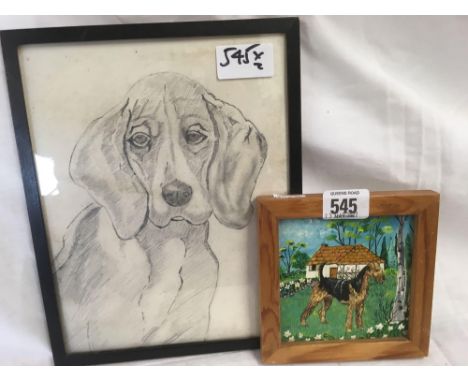 TWO PICTURES OF DOGS; ONE AN OIL PAINTING ON BOARD OF A WIRE HAIRED TERRIER BEFORE A HOUSE AND GARDEN, SIGNED ERIKA, TOGETHER