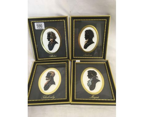 SET OF 4 PORTRAIT SILHOUETTES OF THE GREAT COMPOSERS, SIGNED IN PENCIL 