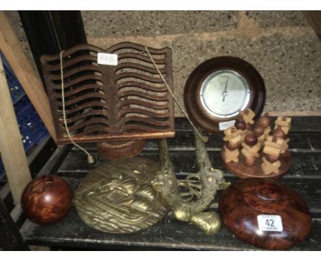 CAST IRON KITCHEN BOOK STAND, PAIR OF BRASS DECORATIVE PISTOLS, BAROMETER &amp; TREEN ITEMS