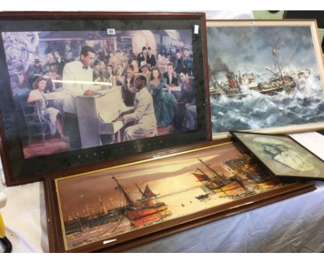 F/G 'PLAY IT AGAIN' POSTER &amp; AN OIL PAINTING OF A FISHING BOAT, HARBOUR SCENE &amp; A RED INDIAN PORTRAIT, INCL; 'WE THRE