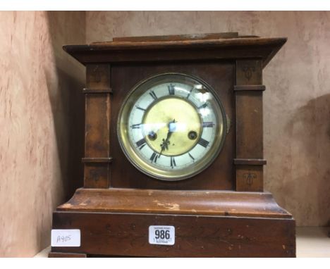 WOODEN SQUARE SHAPED MANTLE CLOCK, NOT KNOWN IF WORKING