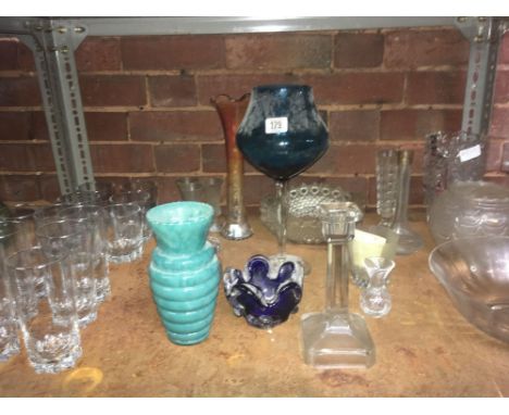SHELF OF MIXED DRINKING GLASSES, BOWLS&amp; GLASS CANDLESTICK 
