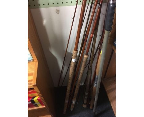 QTY OF VINTAGE FISHING RODS, SOME IN NEED OF REPAIR INCL; A GREEN HEART ROD