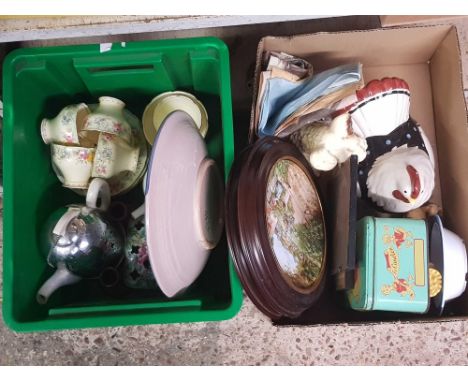 2 CARTONS OF MIXED CHINA INCL; CHICKEN CROCK, CUPS &amp; SAUCERS. SYLVAC DOG WITH CHIPS &amp; 2 WOOD FRAMED PLATES - THE CRIC