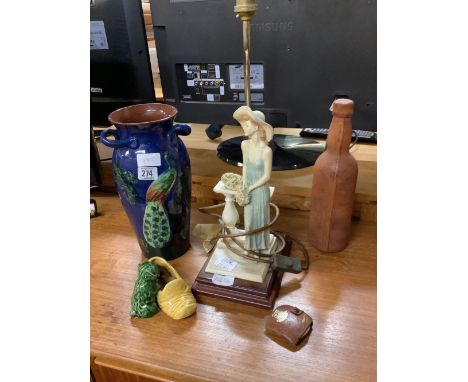 FIGURINE TABLE LAMP, POTTERY VASE, LEATHER BOTTLE, AND GOOSE FOOT BROOCH