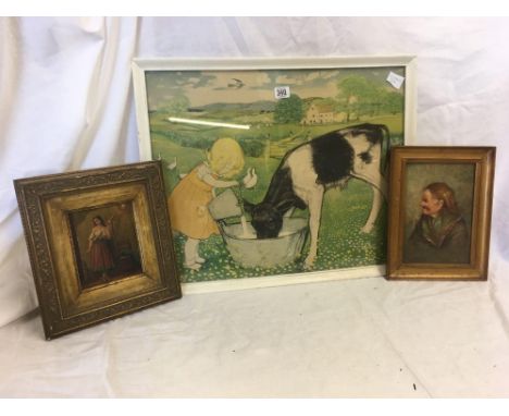 2 SMALL  ANTIQUE ITALIAN OIL PAINTINGS, OLD LADY HEAD &amp; TORSO, YOUNG PEASANT GIRL SPINNING. VINTAGE FRAMED PRINT OF CHILD