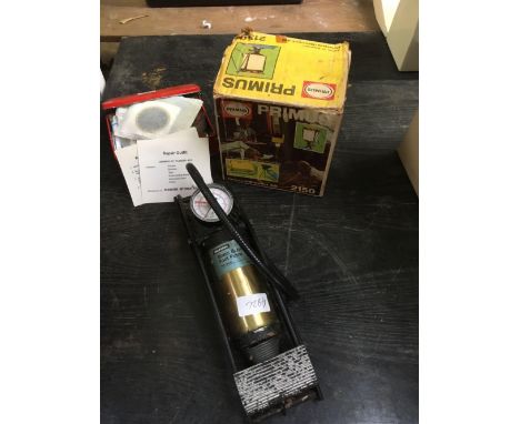 SMALL FOOT PUMP, PRIMUS STORM LIGHT &amp; AN ADMIRALTY PATTERNED PUNCTURE REPAIR KIT