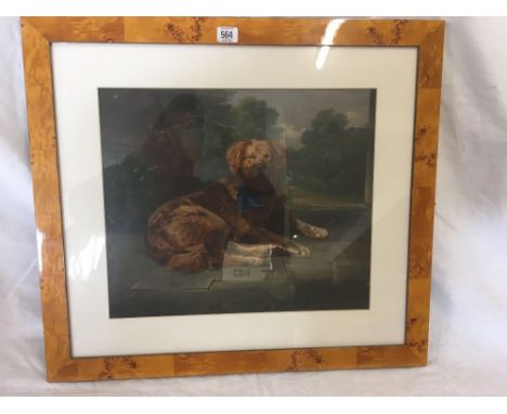 OIL PAINTING ON BOARD OF A PORTRAIT OF A SEATED DOG WITH GARDEN BEYOND IN DECORATIVE MAPLE FRAME, 14'' X 18''