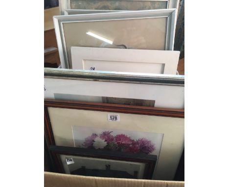 A CARTON OF ASSORTED WATERCOLOURS, PORTRAIT DRAWINGS, SPORTING PRINTS, ETCHINGS ETC. [APPROX 16 ITEMS]
