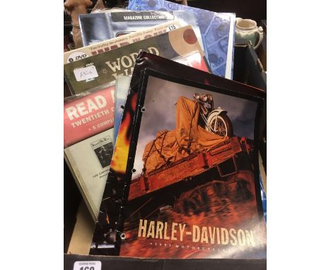 2 MAGAZINE BOOKLETS OF MONEY OF THE WORLD IN FOLDERS, 2 BOX SETS OF WORLD WAR II CD'S &amp; SOME HARLEY DAVIDSON ADVERTISING 