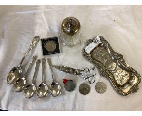 QTY OF SILVER &amp; NICKEL PLATED ITEMS INCL; A SNUFFER TRAY &amp; SNUFFER &amp; ESSO TOPPED SUGAR CASTER