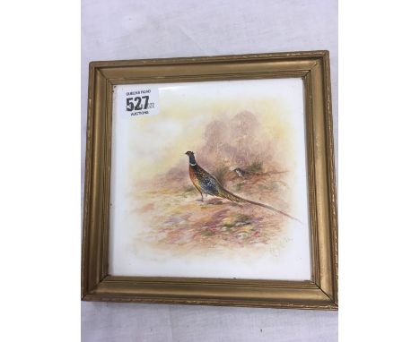 PAINTING OF PHEASANTS ON A CERAMIC TILE, INDISTINCTLY SIGNED