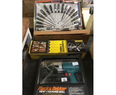 BLACK &amp; DECKER HALF INCH HAMMER DRILL, BLACK &amp; DECKER WORK MATE ATTACHMENTS, 22 PIECE CHROME SCREW DRIVER SET &amp; A