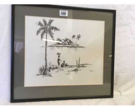 PEN, INK AND WASH DRAWING OF FIGURES ON A DESERT ISLAND, SIGNED EKO, INSCRIBED HARYANTO EKO TO THE REVERSE