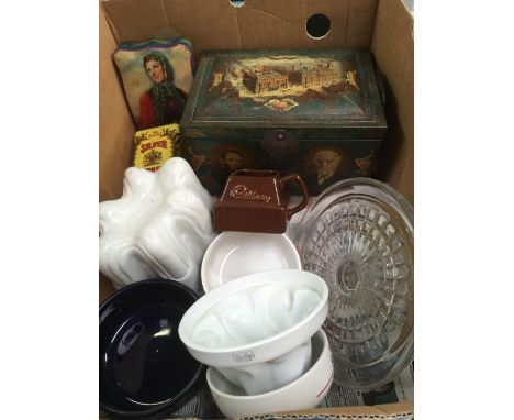 CARTON WITH GLASS CAKE STAND, JELLY MOULDS &amp; VINTAGE TINS