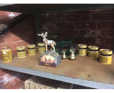 SET OF HORNSEA CONDIMENT JARS, SMALL KITCHEN SCALE WITH WEIGHTS &amp; A STAG ON A PLINTH