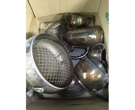 CARTON OF MISC PLATEDWARE INCL: ROSE BOWL, TEA POT, WATER JUG, TRAY, EMBOSSED DENTED POT - POSSIBLY LOW GRADE SILVER
