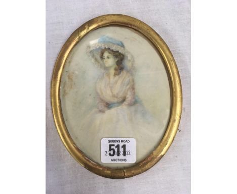 MINIATURE PORTRAIT, FULL LENGTH, OF A LADY WITH BLUE LACE HAT AND BLUE RIBBON WAISTBAND, POSSIBLY ON IVORY.  INSCRIBED TO REV