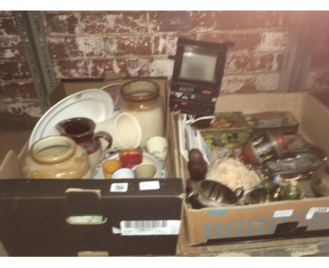 2 CARTONS OF MISC BRIC-A-BRAC INCL: STONEWARE JARS, JUGS, VINTAGE TINS, PLATEDWARE &amp; A FILM VIEWER