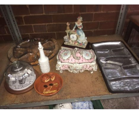 SHELF WITH 2 NIBBLES DISHES, CHEESE DOME, TUREEN &amp; DECORATIVE DRESSING TABLE CLOCK