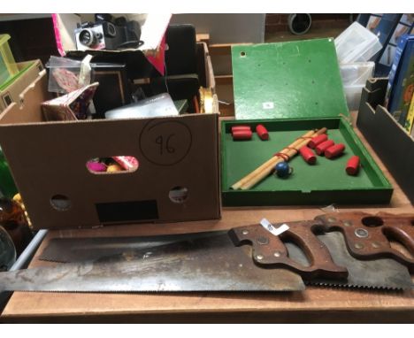 CARTON WITH LAND CAMERA, SEWING BASKET, EMPTY CUTLERY BOXES, 2 PANEL SAWS &amp; A CHAD VALLEY SKITTLE SET IN GREEN BOX