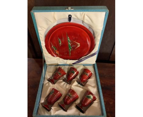 BOXED ORIENTAL PAPER MACHE SAKI CUPS &amp; TRAY