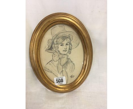 OVAL PENCIL PORTRAIT OF HEAD &amp; SHOULDERS OF A LADY WITH HAT TIED WITH A BOW, SIGNED WITH INITIALS JRD, DATED 1913