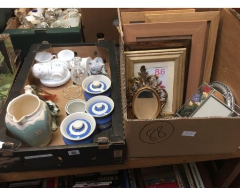 2 CARTONS WITH VARIOUS WOOD &amp; METAL PICTURE FRAMES, TG GREEN KITCHENWARE - 1 WITH CHIPPED LID, CUPS &amp; SAUCERS, GLASS 