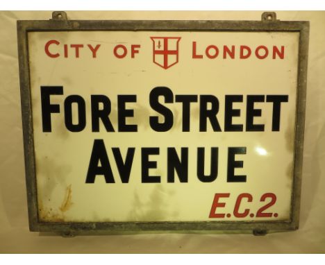An early-mid 20th Century London street sign - Fore Street Avenue 61cm x 46cm. Please note that buyer must arrange collection