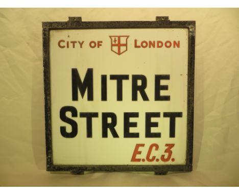 An early-mid 20th Century London street sign - Mitre Street 46cm x 46cm. Please note that buyer must arrange collection of th