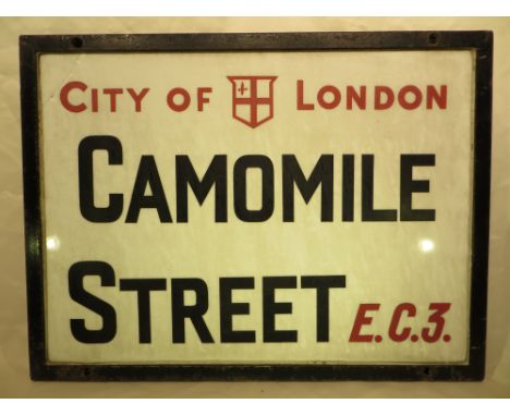 An early-mid 20th Century London street sign - Camomile Street 61cm x 46cm. Please note that buyer must arrange collection of