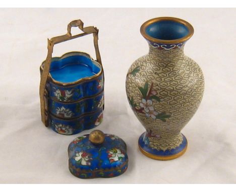 A Japanese miniature three section cloisonné enamel picnic box, approx. 10cm high, together with a small cloisonné enamel vas