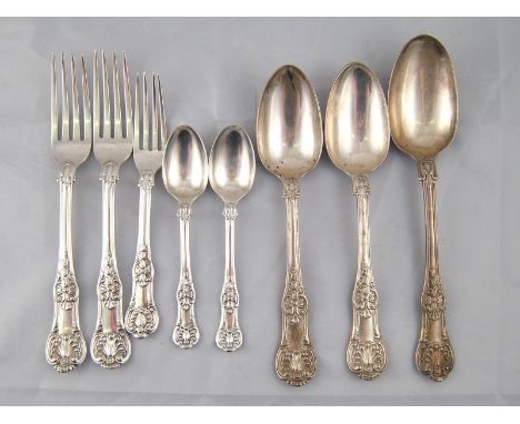 Rare Victorian silver Scroll Rosette pattern flatware comprising  two tableforks, three tablespoons and a dessert fork, Mary 