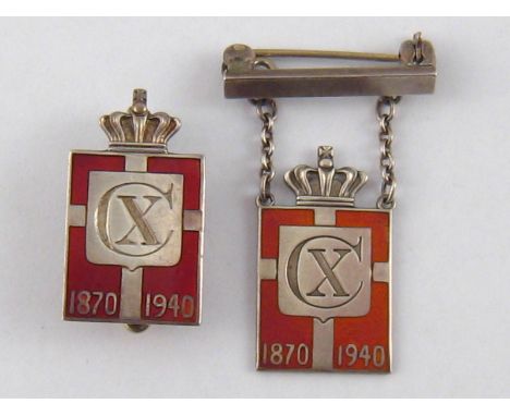 Two silver and enamel badges commemorating King Christian of Denmark's 70th birthday, both marked GJ for Georg Jensen, each a