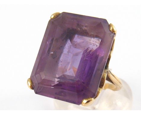 A 9 carat gold amethyst ring, hallmarked London 1959, amethyst approx 23 x 18mm, ring size P, 12.5 gms.
