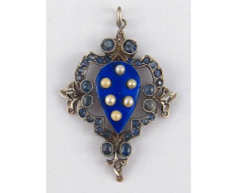 An antique silver and blue enamel pendant, set with pale blue stones, seed pearls and rose cut diamonds, approx 4 x 3cm.