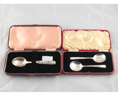 An enamel decorated child's spoon by A. Michelsen, Copenhagen, import marks for London, 1971, in case, together with a pair o