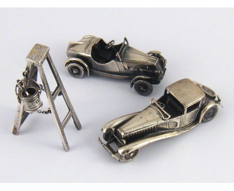 Italian silver miniatures. A step ladder with paintbrush and bucket, marked 925.  and two vintage cars, a Fiat Balilla Coppa 