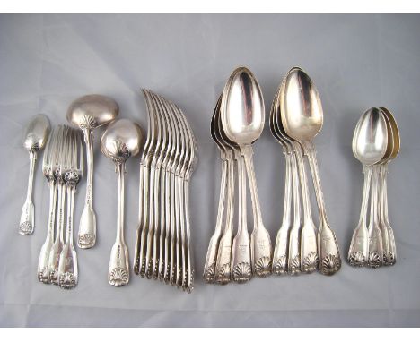 Victorian silver fiddle shell and thread pattern flatware: seven table spoons, eight table forks, four dessert spoons, three 