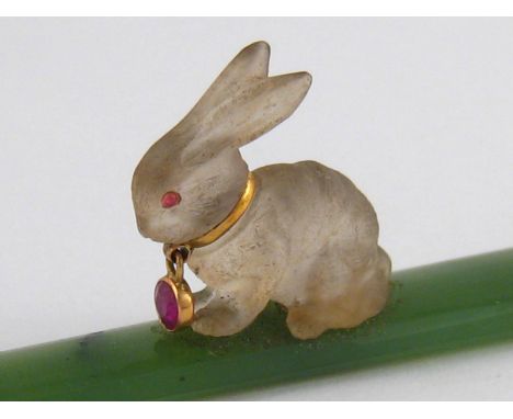 Asprey . A fine nephrite jade letter opener with carved rock crystal rabbit with ruby pendant necklace, in original fitted As