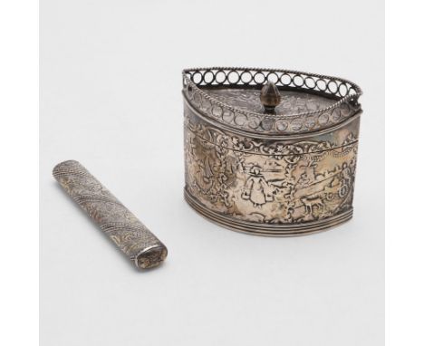 the hinged cover with a pierced border, the body embossed with an agricultural landscape scene, with import marks for Boaz Mo