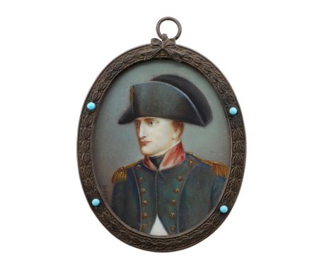 Portrait miniature of Napoleon Bonaparte after Jean Baptiste Isabey, watercolour on ivorine, metal frame with decorative bord